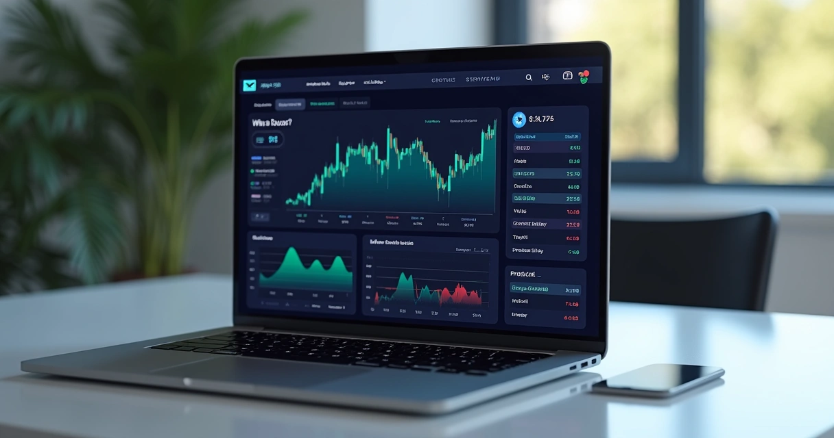 Tela de plataforma financeira exibindo carteira de investimentos, gráficos coloridos e lista de ativos