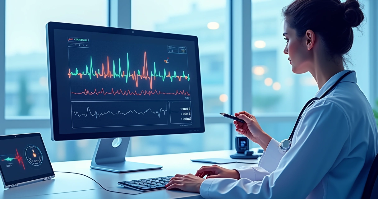 Plataforma digital de laudos cardiológicos, tela de computador com exame e cardiologista analisando. 