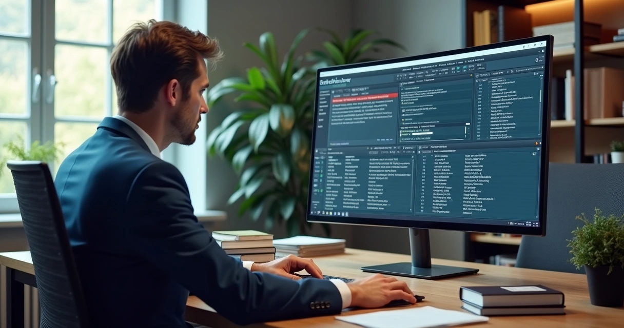 Advogado tributarista analisa novidades legislativas em tela de computador moderno 