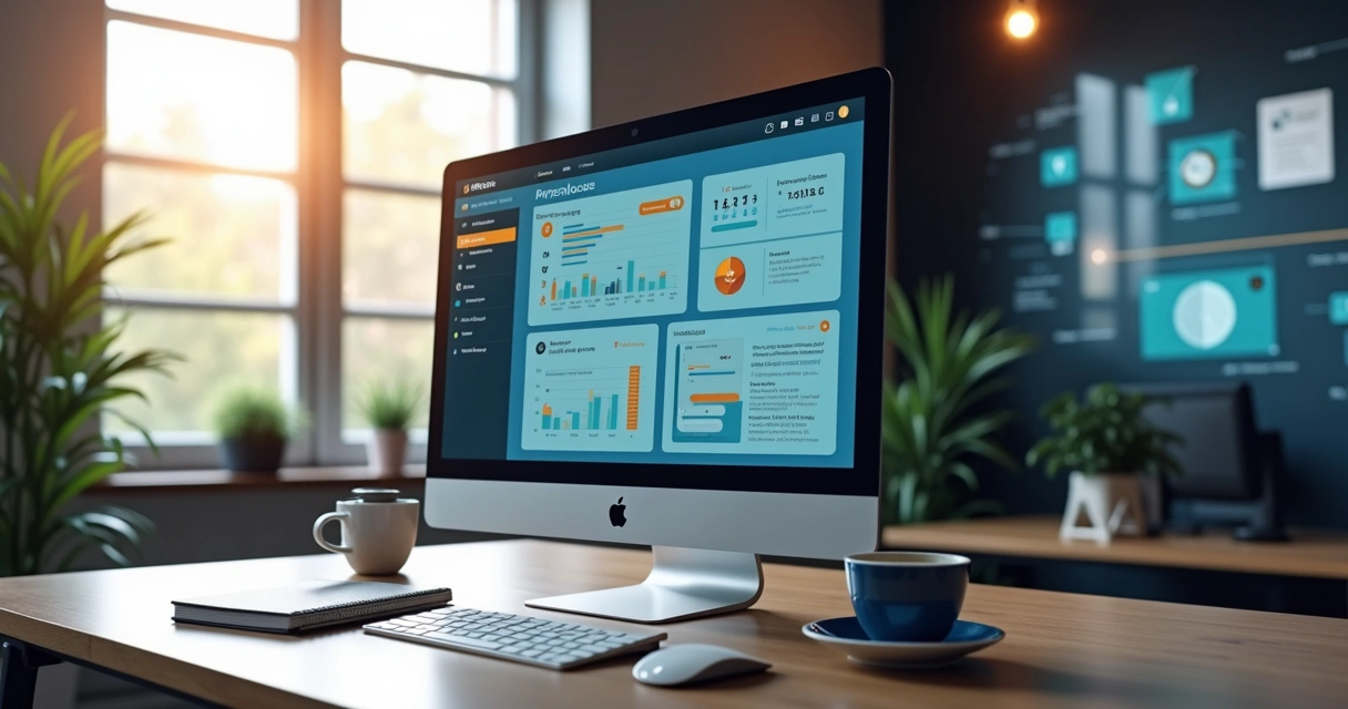Computador com interface de plataforma LMS aberta, mostrando dashboard de cursos, gráficos de progresso e ícones de gamificação em fundo moderno 