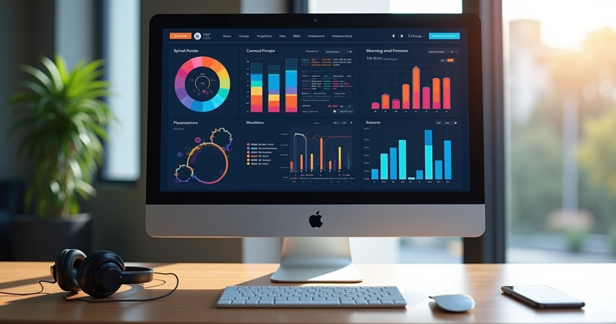 Tela digital mostrando a interface da plataforma LMS com gráficos, cursos e ícones de aprendizado 