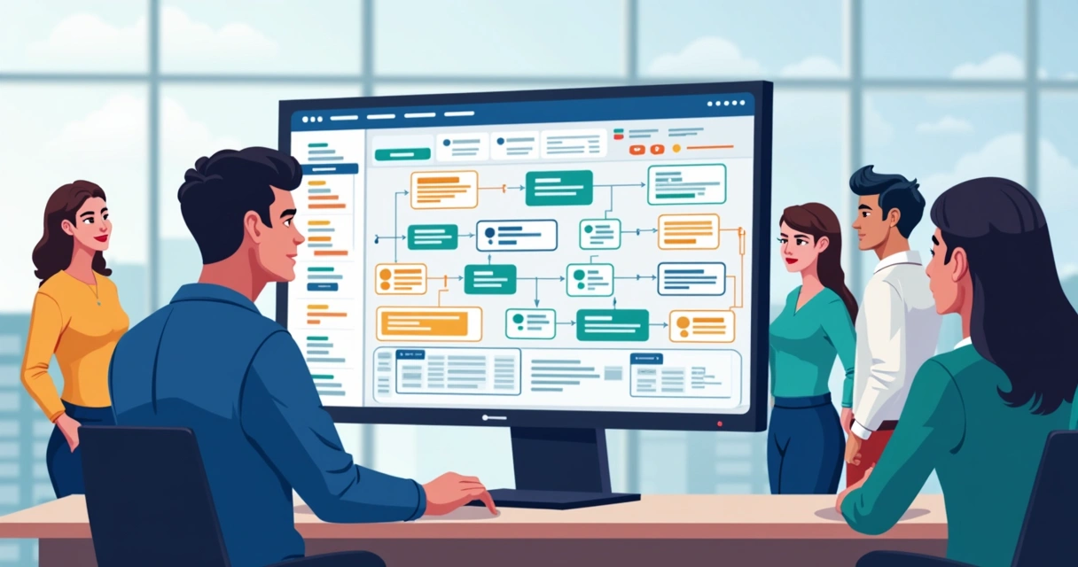 Ambiente visual de plataforma low-code com fluxos e telas de aplicativo SaaS em destaque 