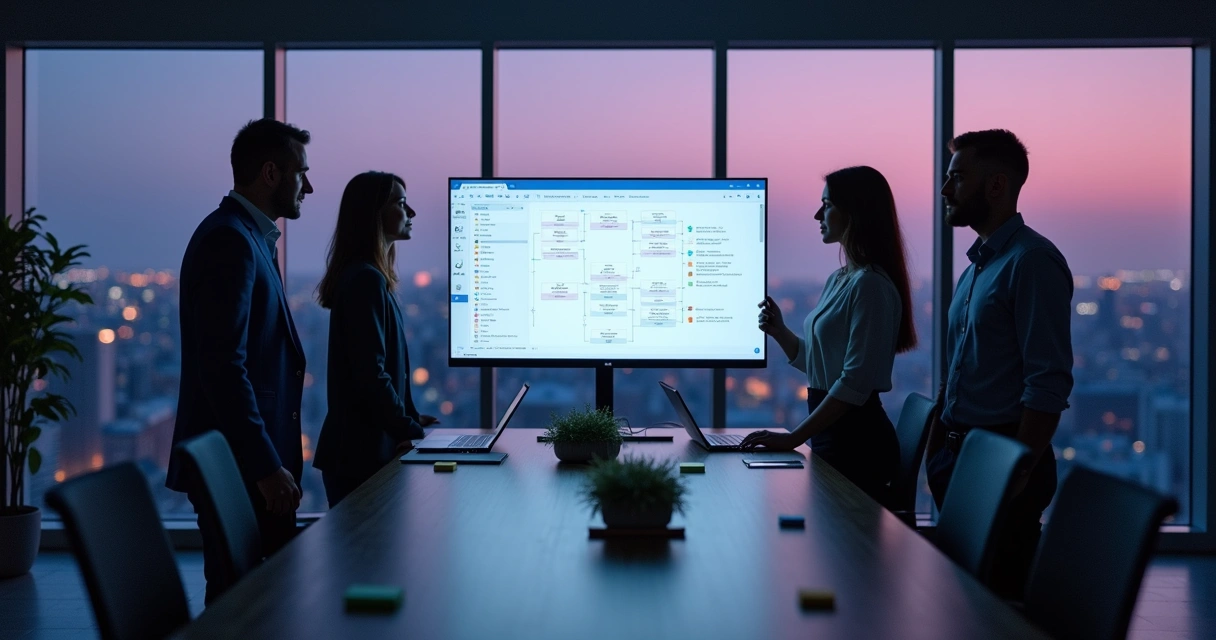 Equipe olhando para tela do computador exibindo fluxos automatizados de deploy em uma plataforma low-code 