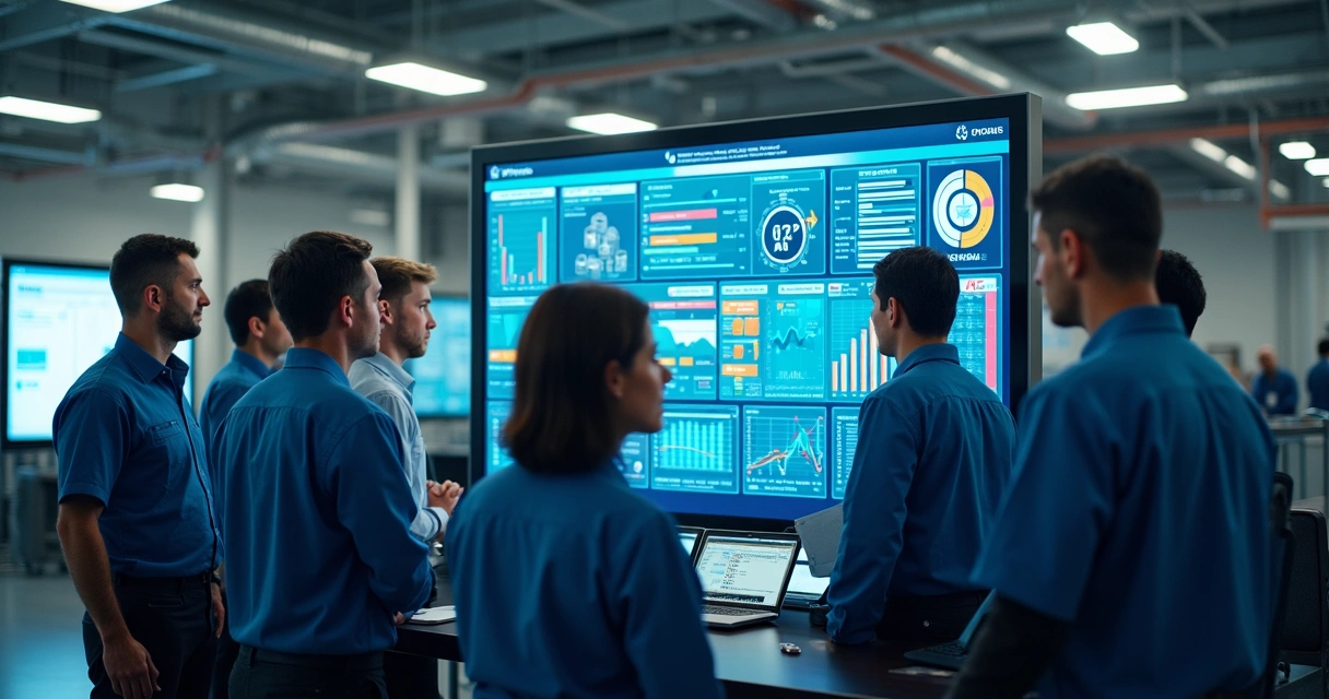 Equipe de manutenção analisando dados em uma plataforma digital