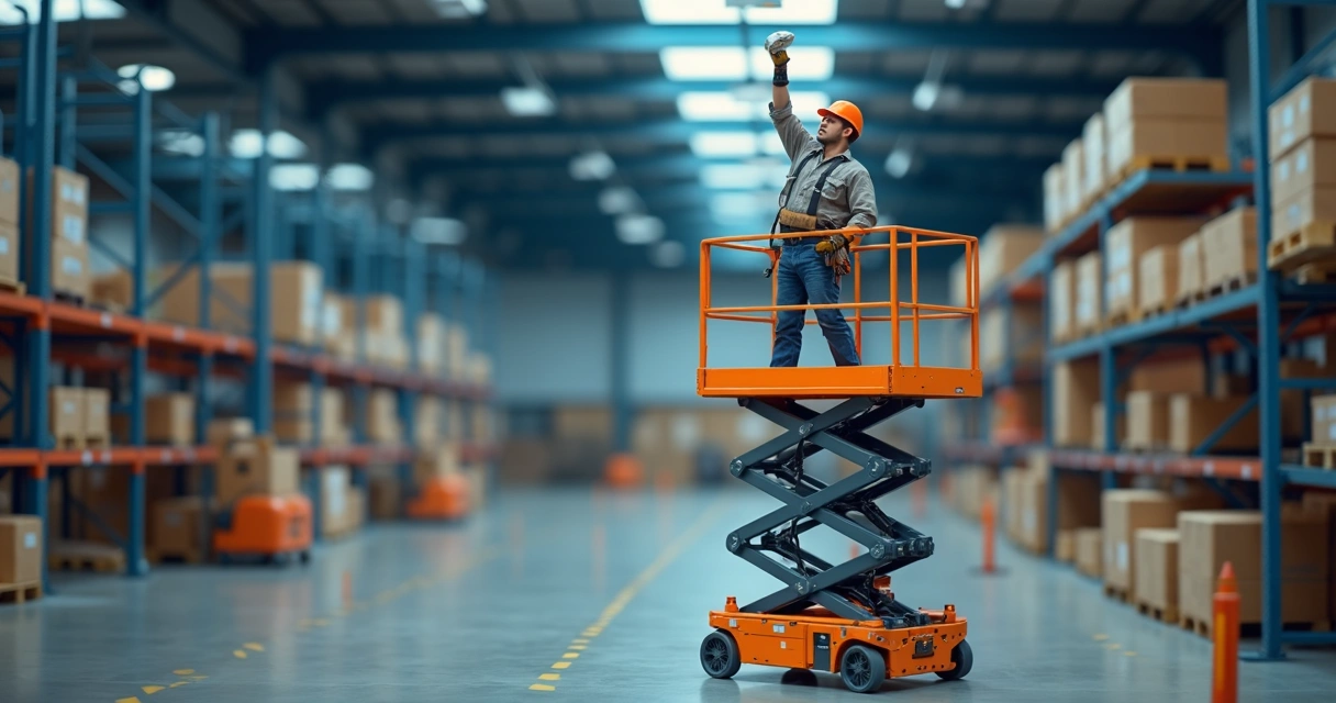 Plataforma elevatória em manutenção de luminária em galpão