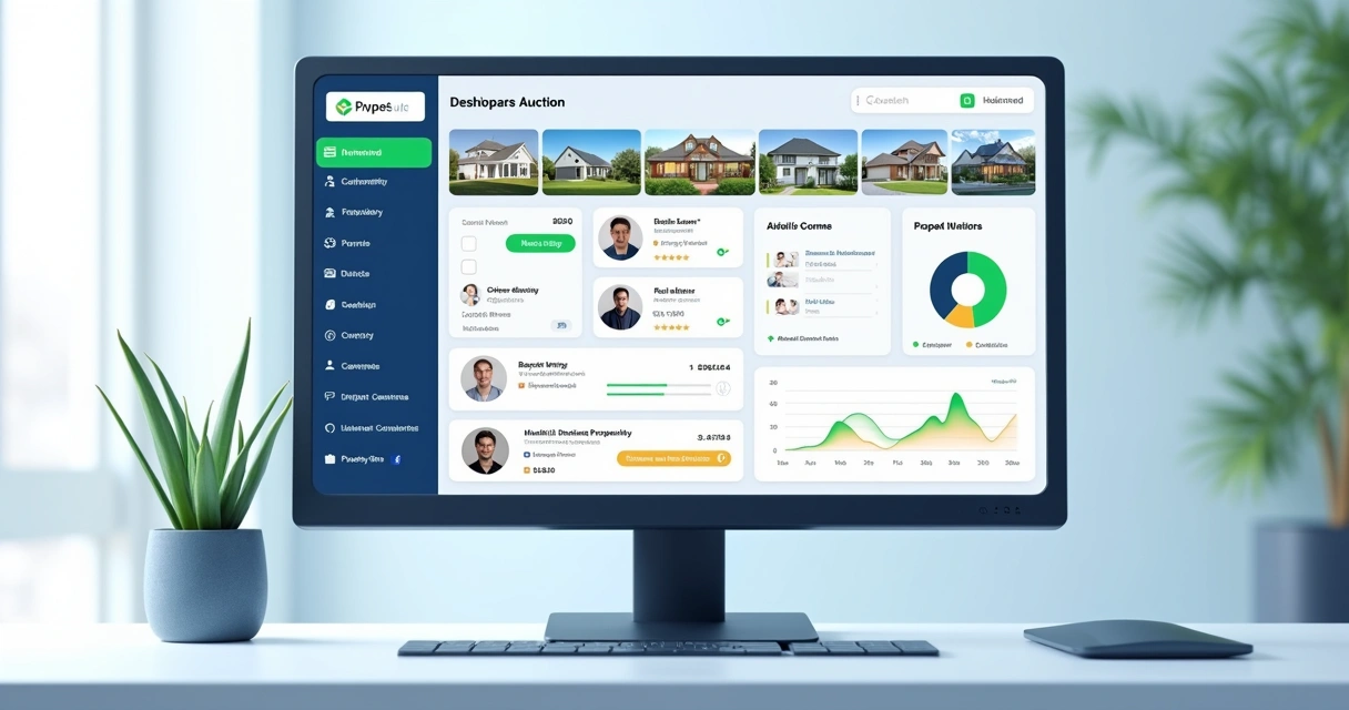 Interface moderna de plataforma de gestão de clientes em leilão imobiliário