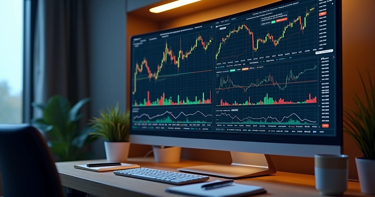 Tela de computador com plataforma de negociação mostrando gráficos e dashboard de desempenho 