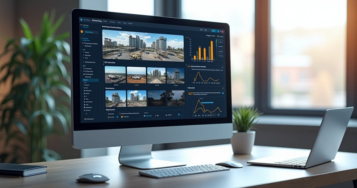 Interface de plataforma online mostrando dados, imagens e vídeos de obra remota 