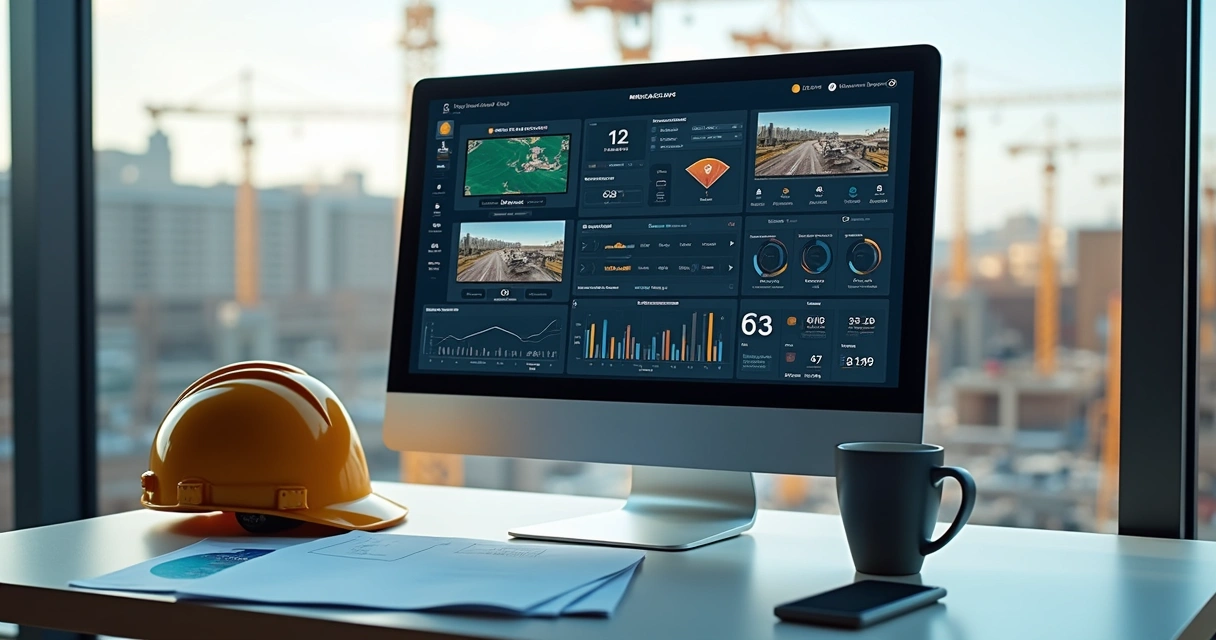 Dashboard de plataforma de monitoramento com imagens e gráficos de obra 