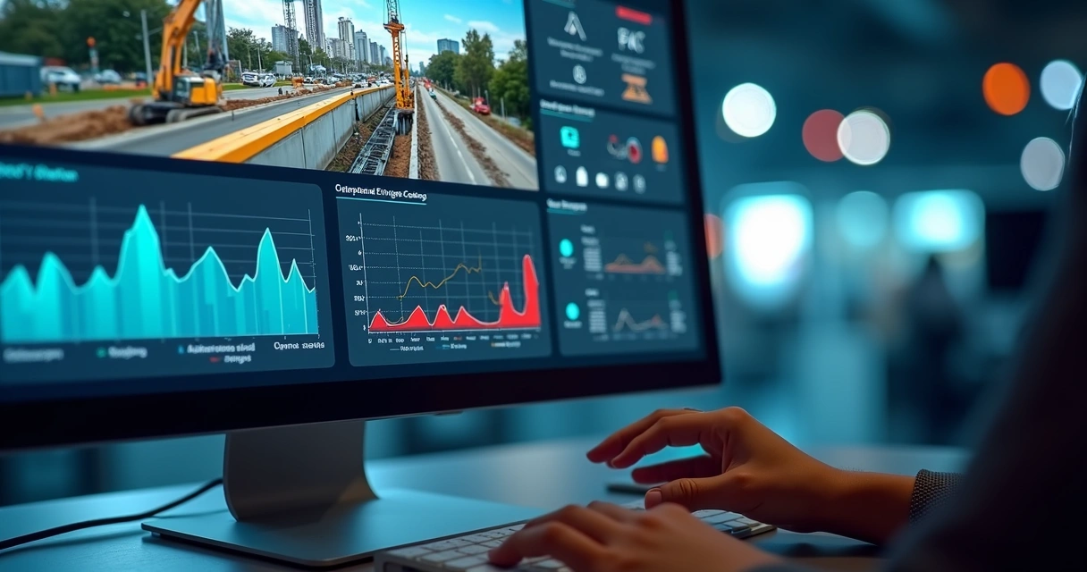 Dashboard digital mostrando visualização de obras com fotos e gráficos