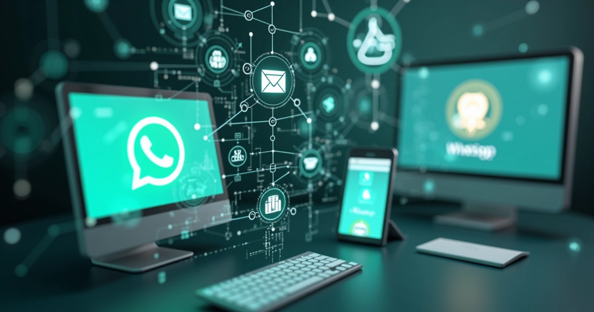 Interface digital conectando canais como WhatsApp, e-mail e telefone 