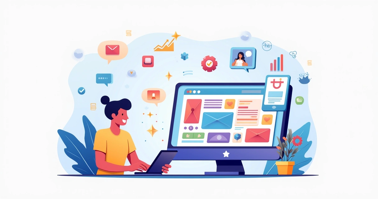 Ilustração de um espaço de trabalho digital com uma plataforma no-code e um usuário interagindo felizmente.