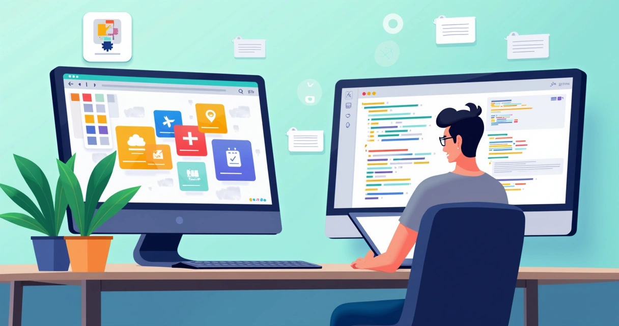 Ilustração mostrando uma tela dividida: de um lado, interface de arrastar e soltar; do outro, trechos de código simples. 