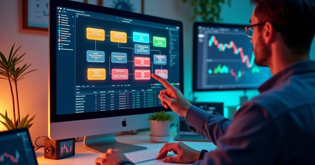 Interface de plataforma no-code de trading, mostrando regras de automação em blocos coloridos 