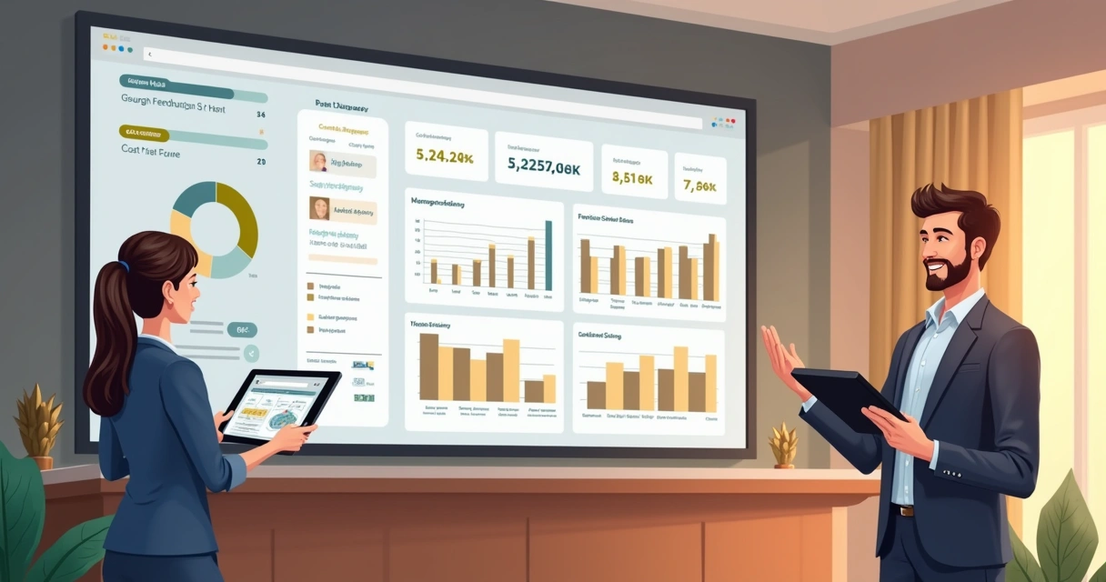Dashboard digital de plataforma NPS exibindo métricas de satisfação e economia para hotel 