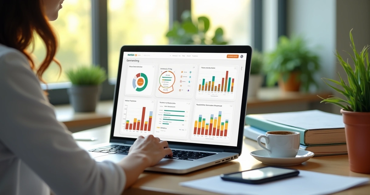Nutricionista usando plataforma digital em laptop com tela de gráficos coloridos 