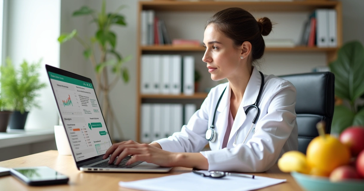 Nutricionista usando plataforma digital integrada ao WhatsApp no consultório 