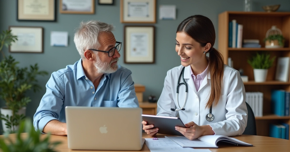 Nutricionista usando plataforma digital durante consulta 