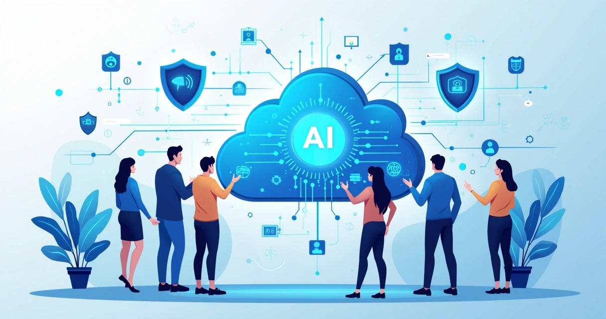 Equipe de TI trabalha conectando sistemas em uma central de nuvem com elementos de inteligência artificial 