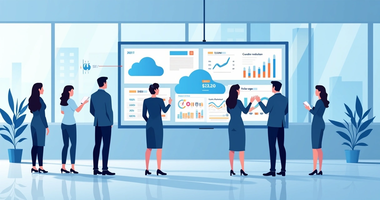 Equipe financeira analisando plataforma de nuvem em telas.