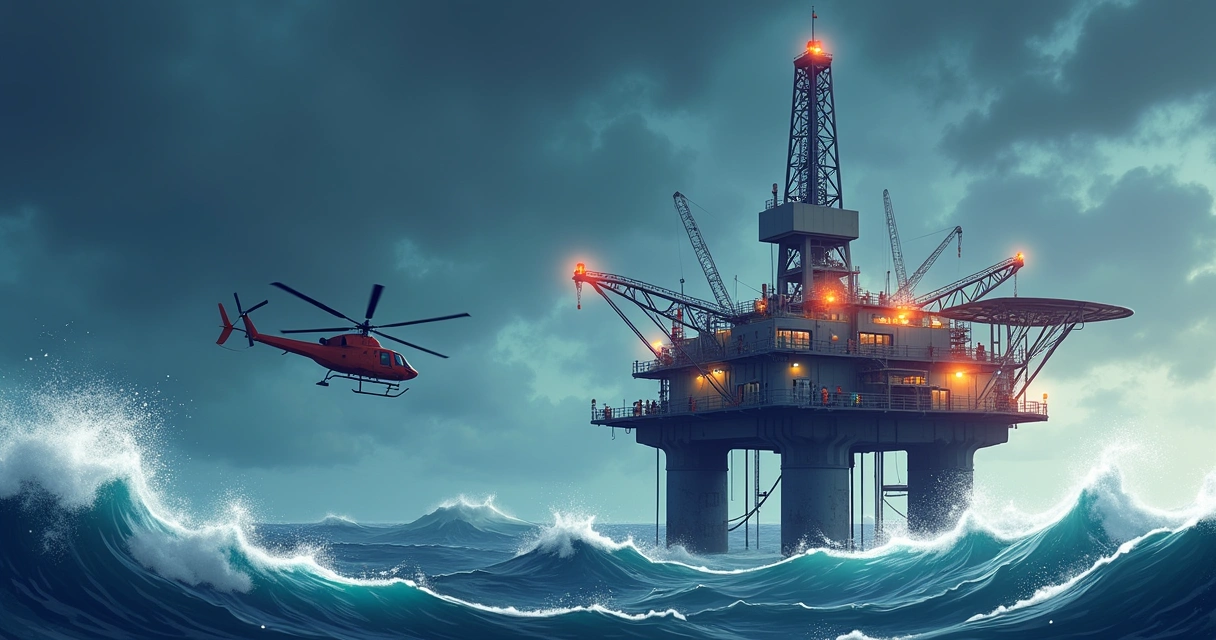 Plataforma offshore em mar tempestuoso, com condições climáticas desafiadoras e trabalhadores em segurança.