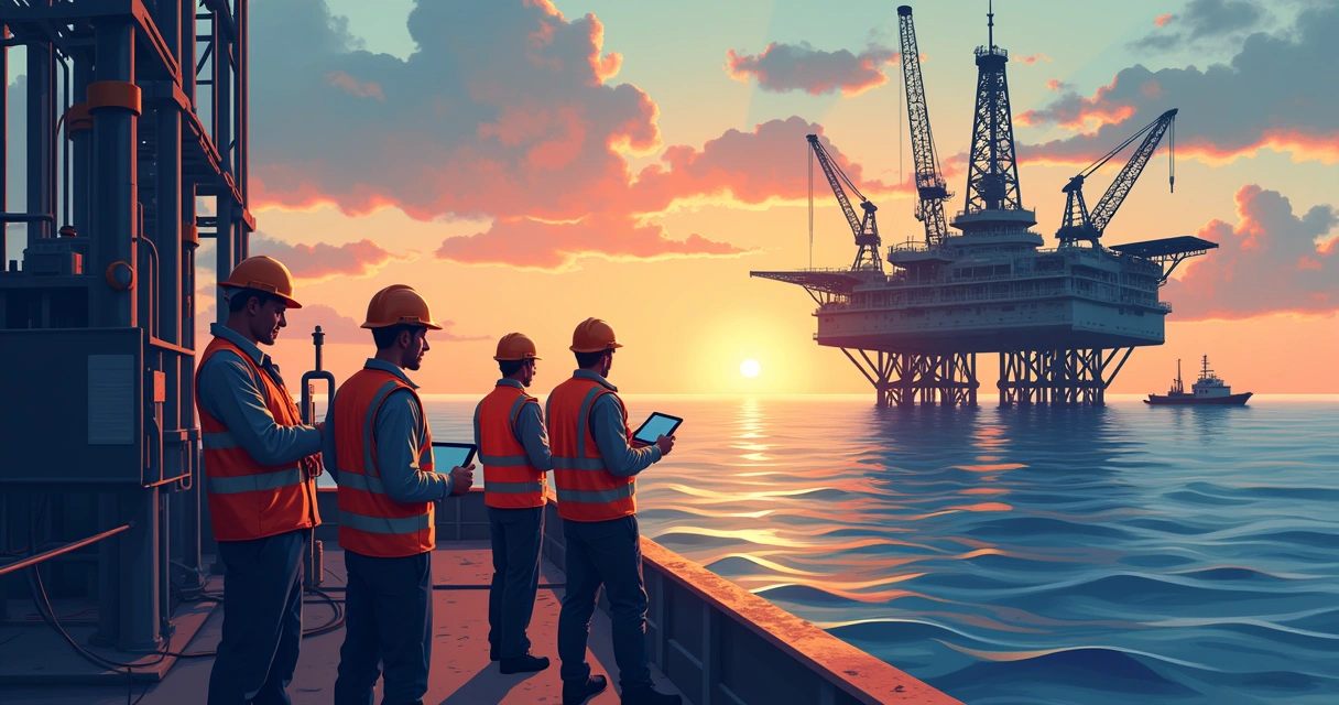 Plataforma de petróleo offshore com trabalhadores em segurança realizando atividades, ao entardecer.