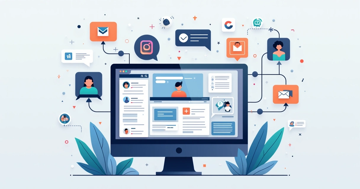 Ilustração de plataforma omnichannel centralizando múltiplos canais de atendimento