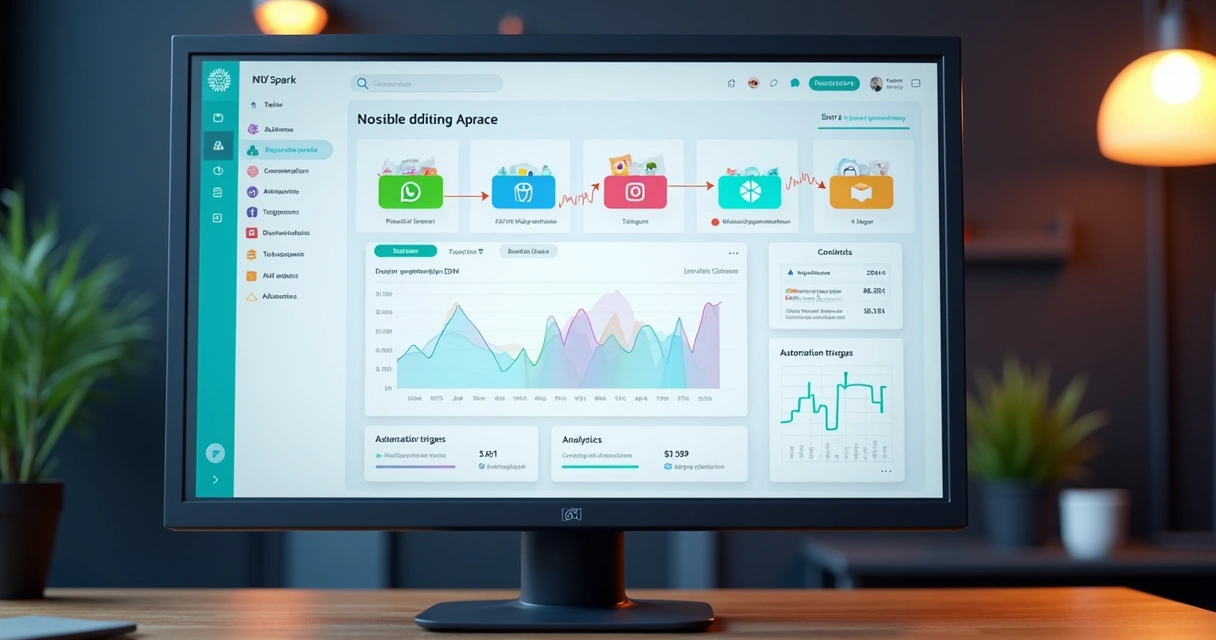 Dashboards de plataforma com ícones de WhatsApp, Instagram e Telegram conectados 