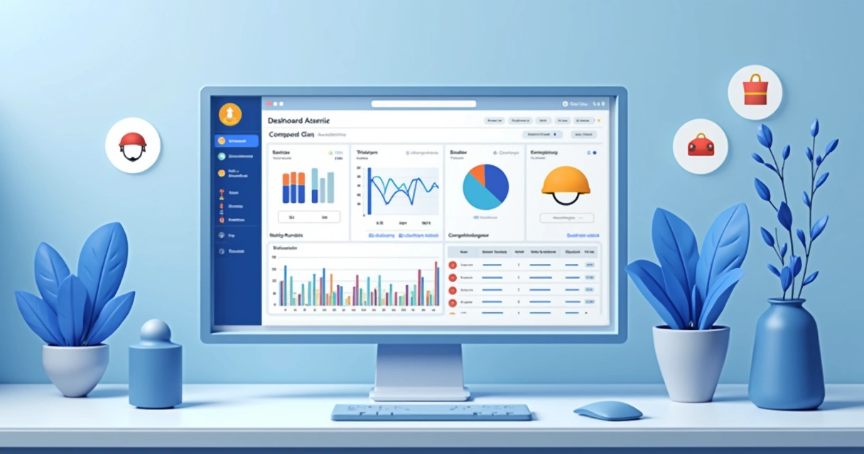 Dashboard de plataforma online mostrando relatórios de EPI em obra 