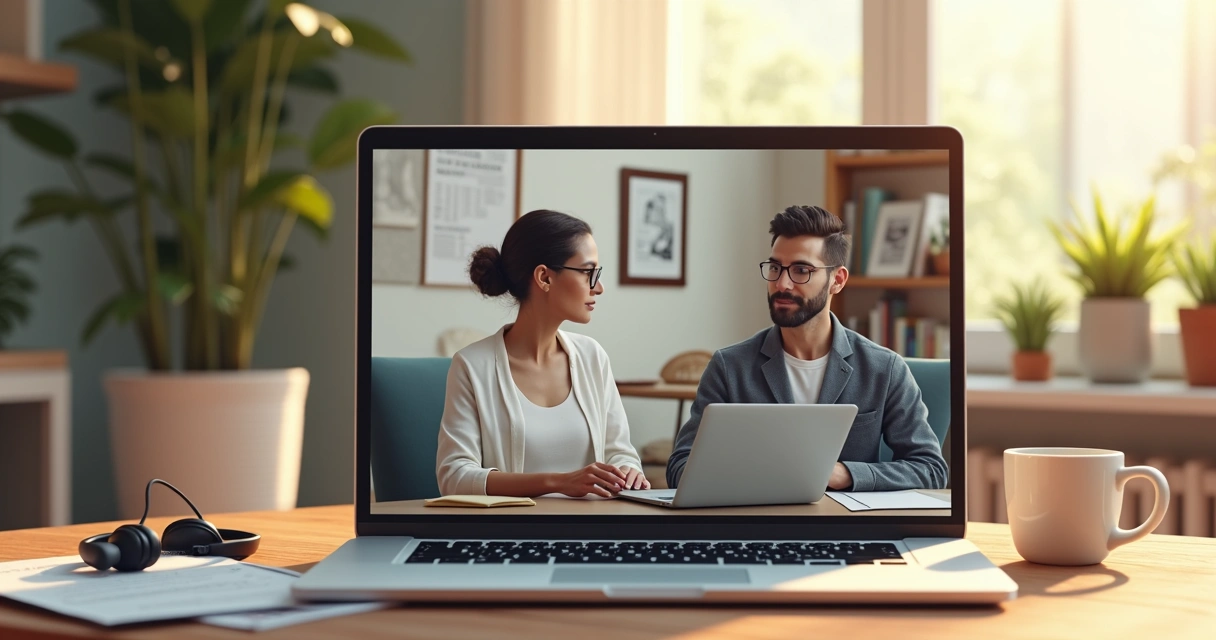 Tela de computador exibindo ferramenta de videoconferência com terapeuta e paciente durante uma sessão 