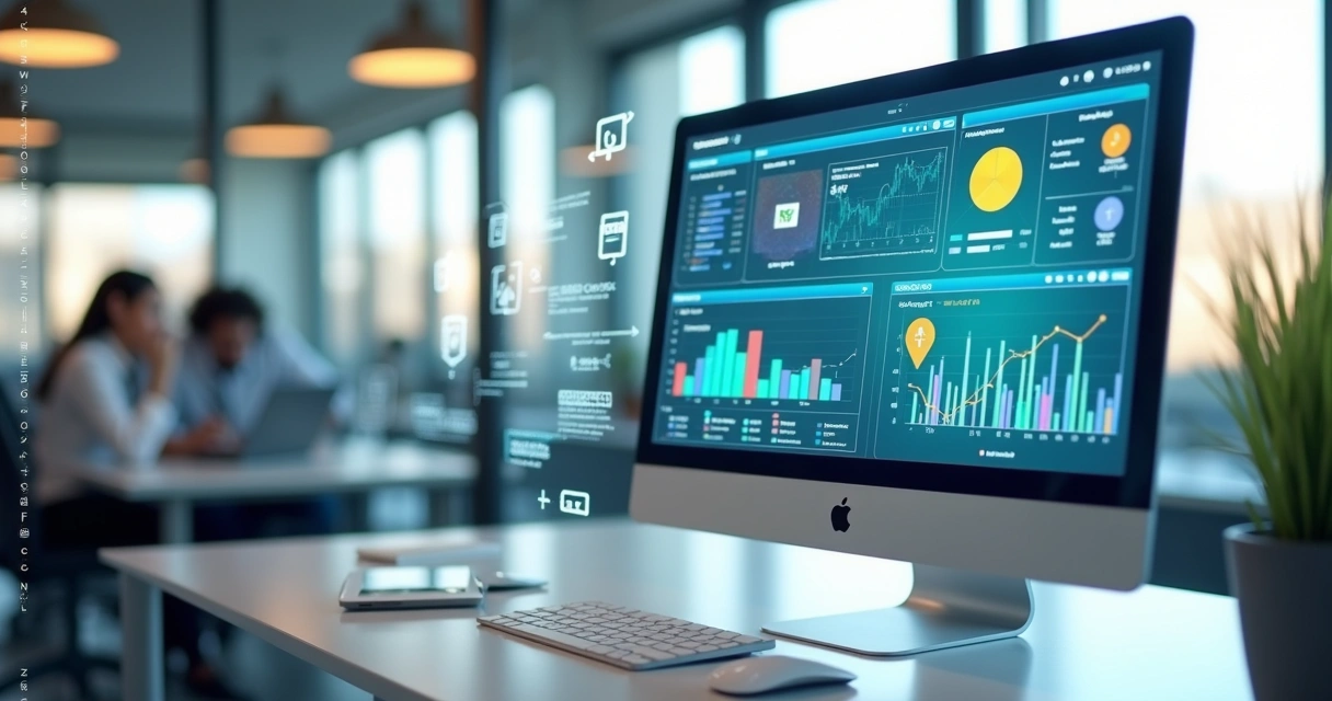 Computador com tela exibindo dashboard de pagamentos digitais com gráficos e ícones de métodos de pagamento variados 