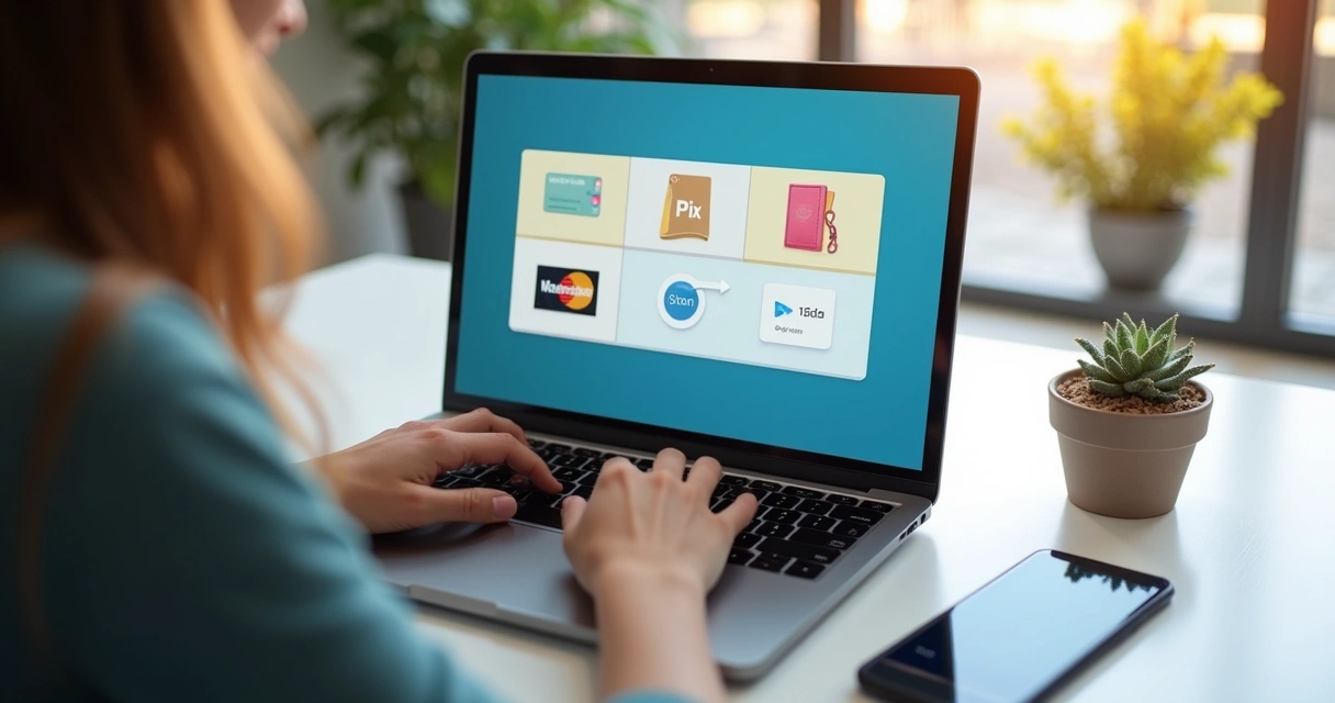 Pessoa acessando loja virtual em notebook com tela dividida entre cartão, pix, boleto e carteira digital 
