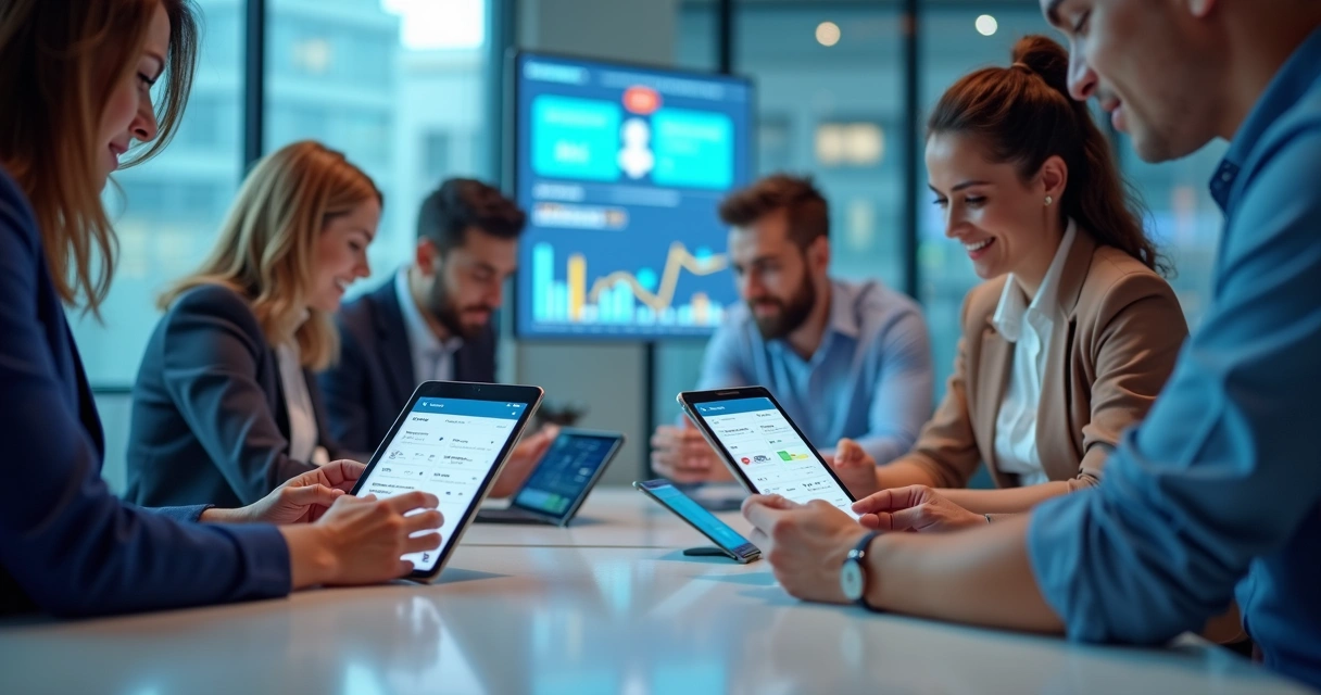 Equipe usando plataforma de pagamento digital em tablets e celulares 