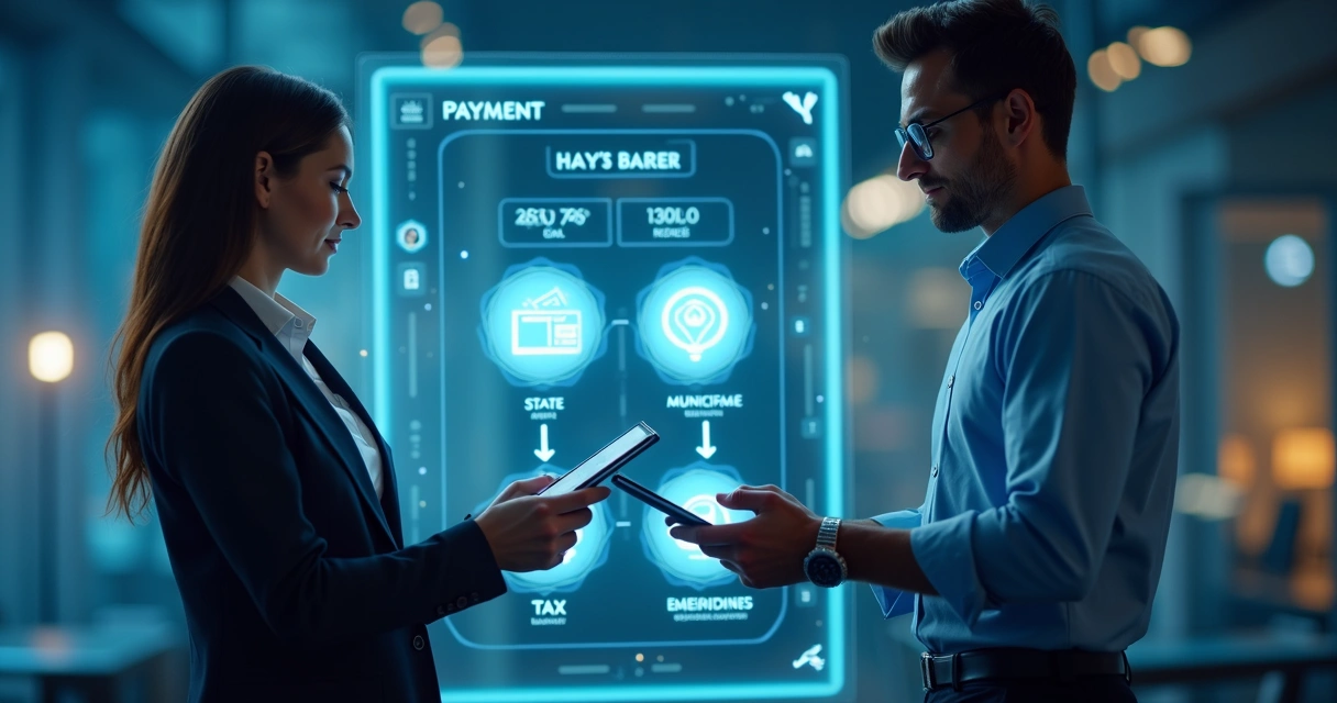 Interface ilustrativa de plataforma digital de split payment com painel de cálculos de impostos 
