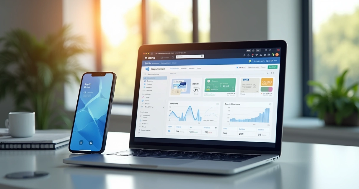 Computador e smartphone exibindo plataformas de pagamento digital em ambiente de escritório moderno 