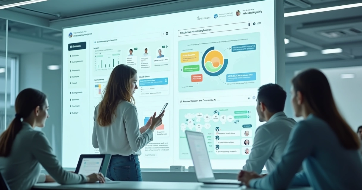 Painel digital mostrando integração de IA e dados de parcerias digitais 