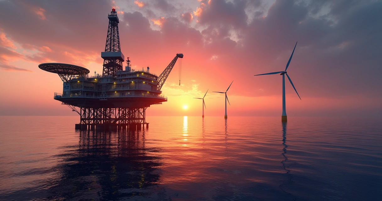 Plataforma de petróleo ao pôr do sol e turbinas eólicas ao fundo 