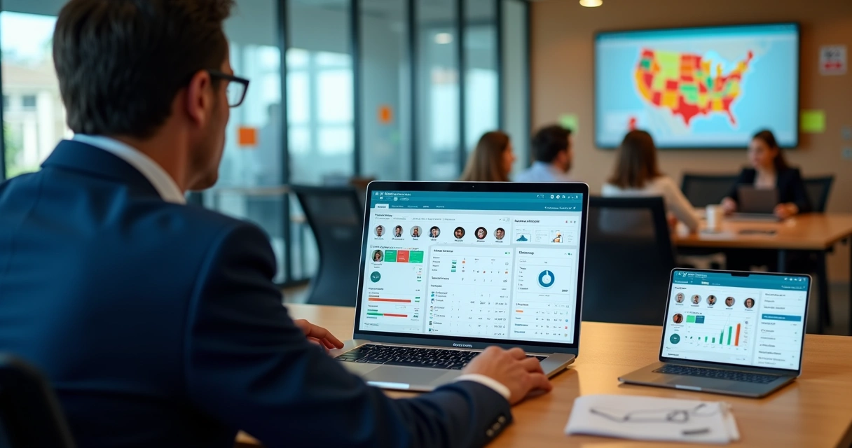 Político usando plataforma digital com equipe e eleitores conectados na tela 