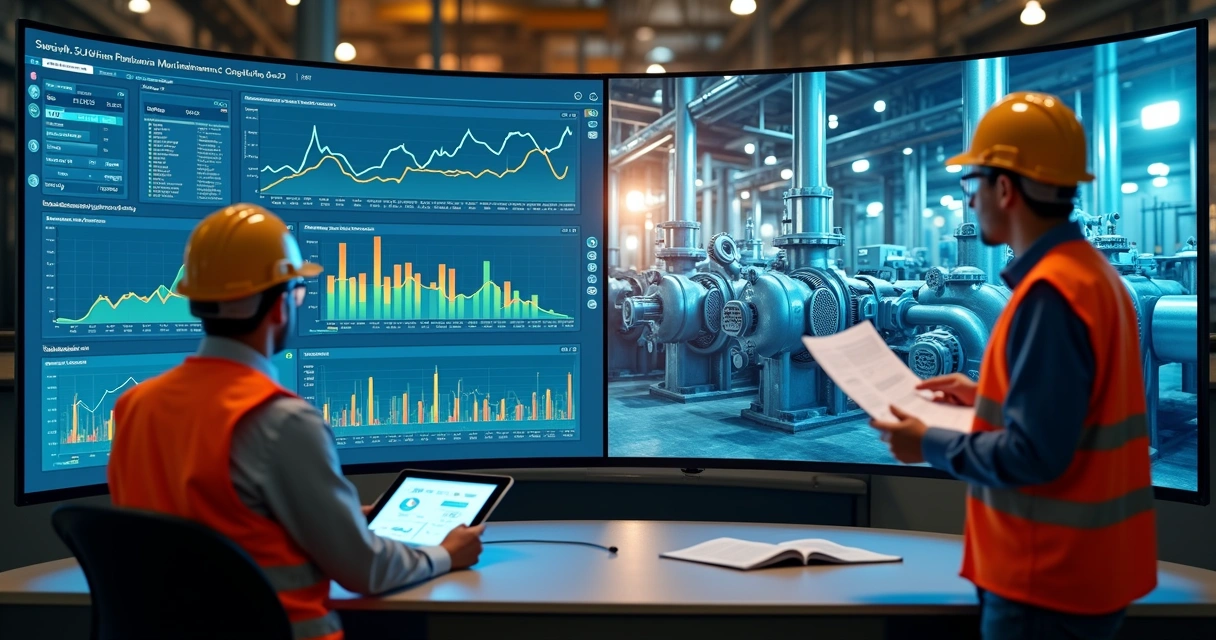 Comparação visual entre plataforma preditiva em tela digital e consultor em planta industrial 