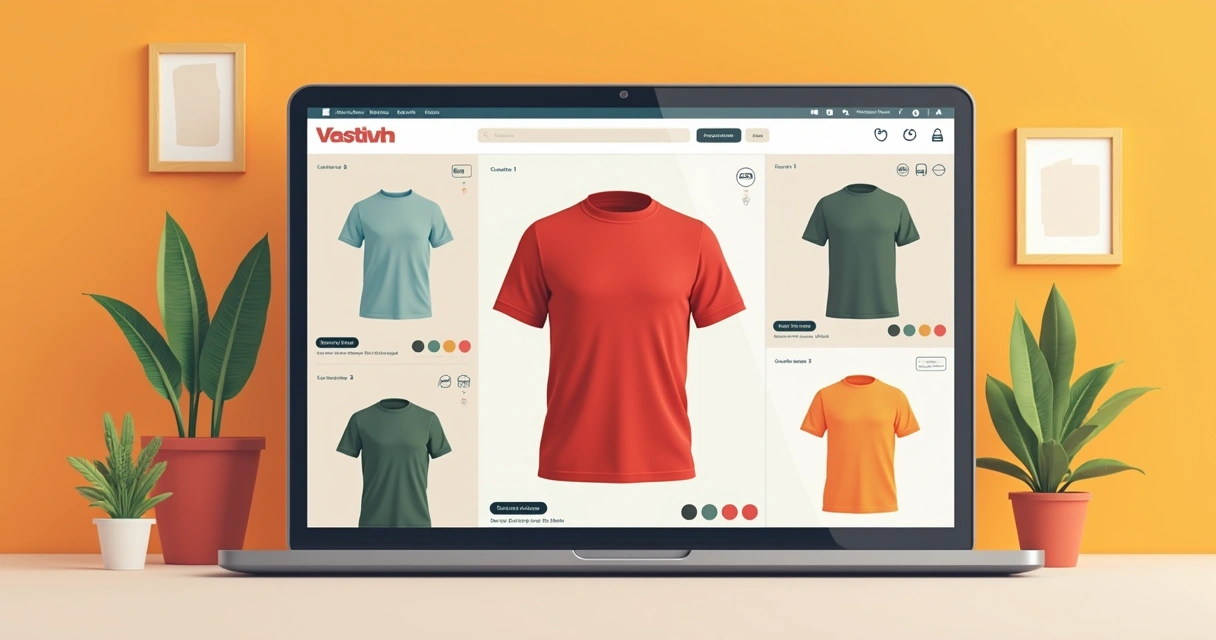 Ilustração flat corporativa de pessoa personalizando camiseta digitalmente em plataforma online com ícones de e-commerce ao redor 