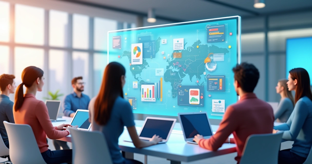 Ilustração 3D de equipe colaborando com telas digitais mostrando controle de tarefas, monitoramento de tempo e comunicação centralizada 