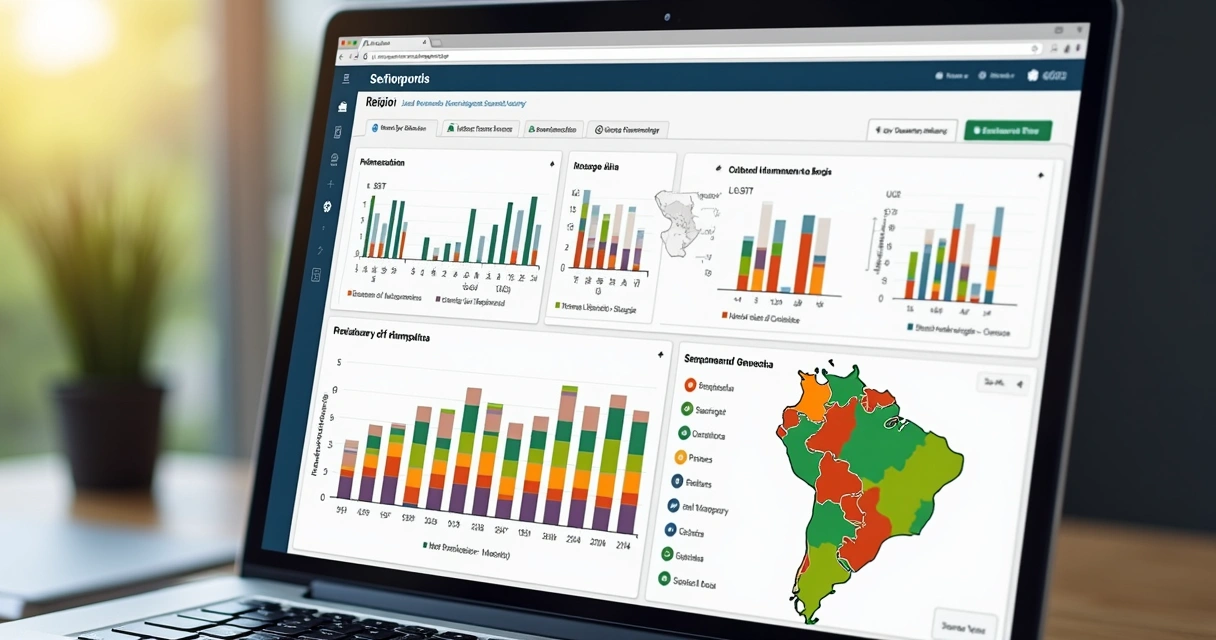 Dashboard colorido de plataforma de prospecção B2B com filtros de segmentação ativos e gráficos de leads. 