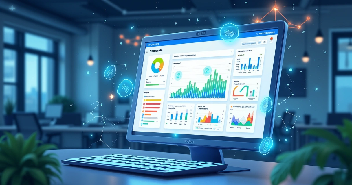 Interface digital mostrando a plataforma de prospecção de clientes B2B com filtros e gráficos coloridos 
