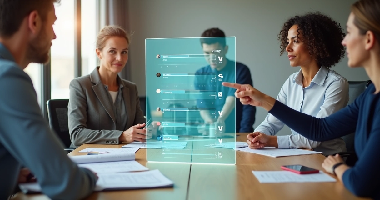 Equipe de RH observando painel transparente com ranking inteligente de candidatos 