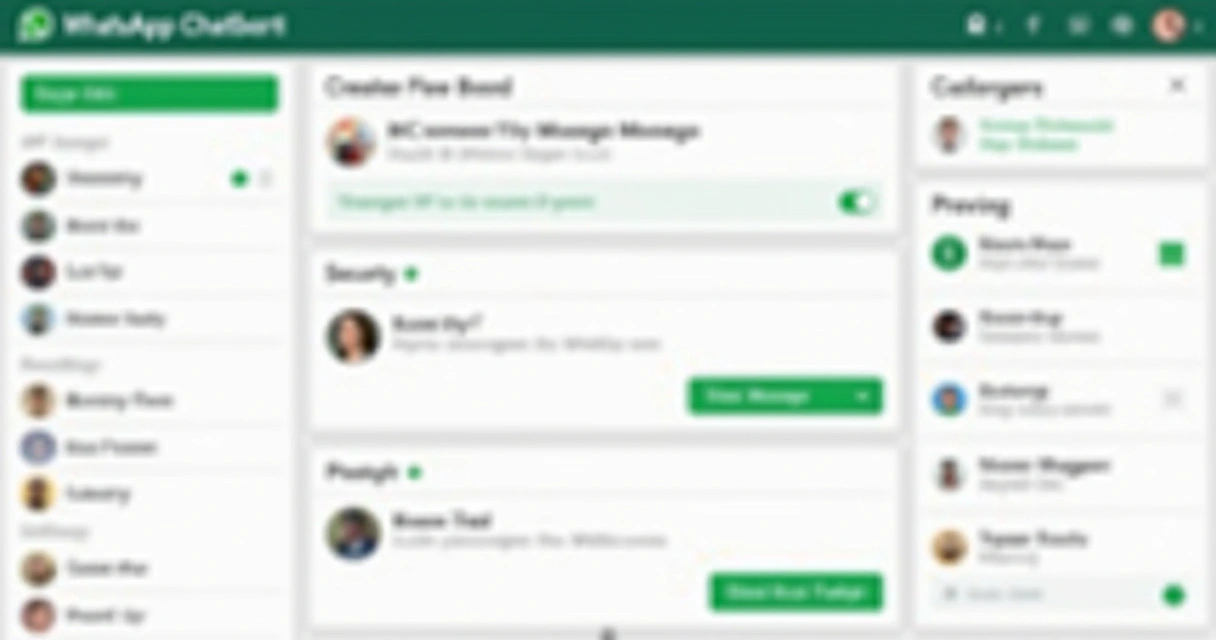 Interface de plataforma mostrando recursos de chatbot, integrações do WhatsApp e opções de segurança. 