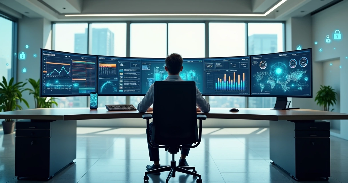 Profissional de RH analisando painel integrado com dados de colaboradores em escritório moderno 
