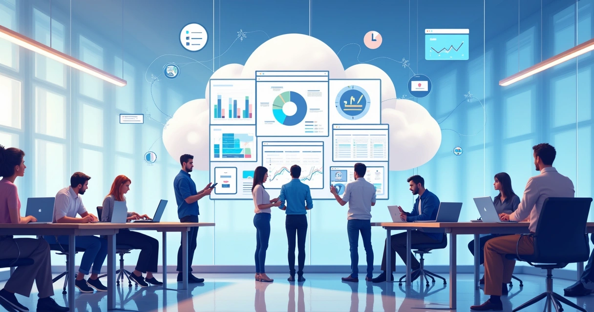 Representação de plataforma SaaS corporativa com equipes colaborando