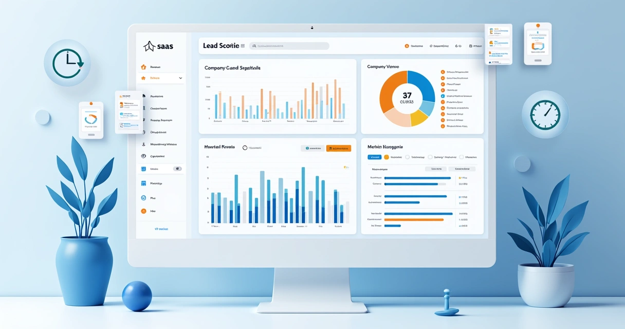Interface de plataforma SaaS mostrando dashboard de pontuação de leads B2B. 