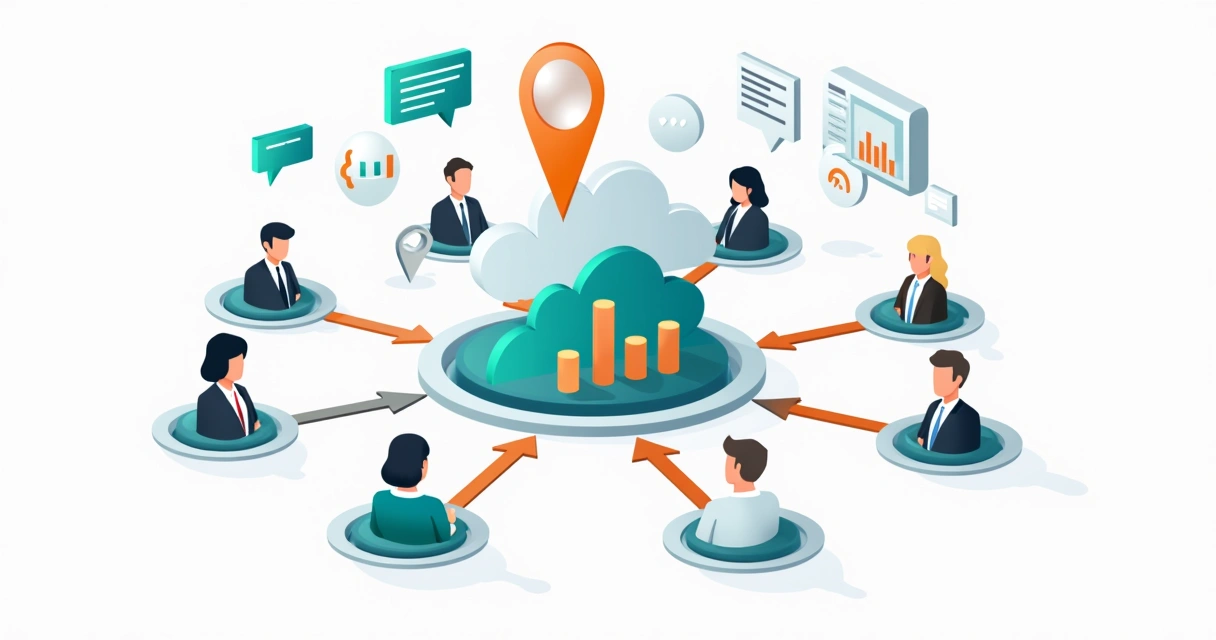 Ilustração corporativa flat de plataforma SaaS com múltiplos usuários e múltiplos tenants conectados a um sistema central 