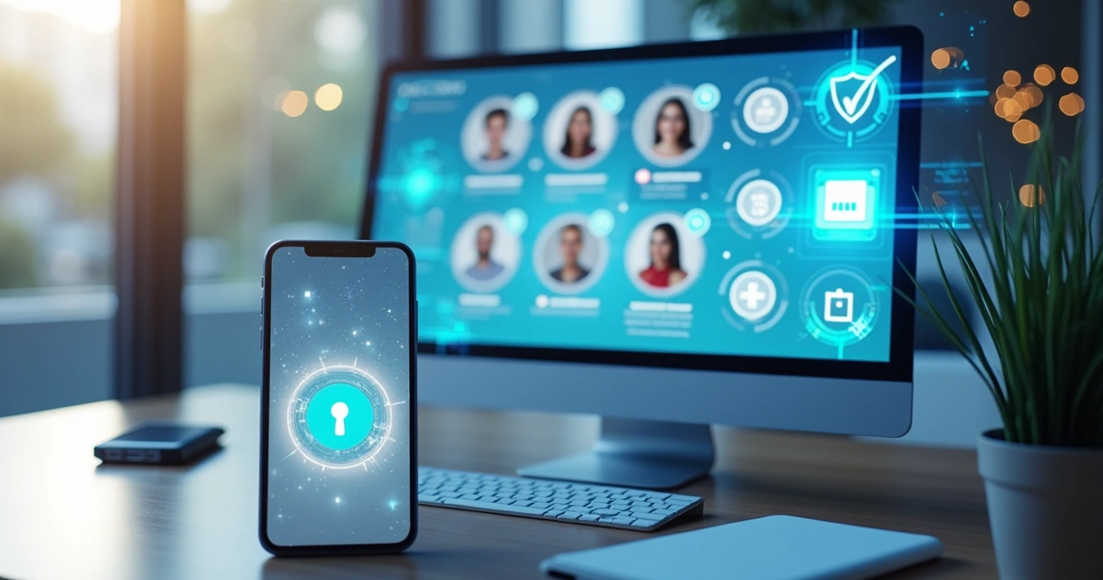Interface digital de plataforma segura com ícones de privacidade, perfil verificado e agendamento online 